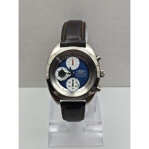 Vintage Structure Chronograph Mens Watch Blue Dial 50M Brown Leather New Battery